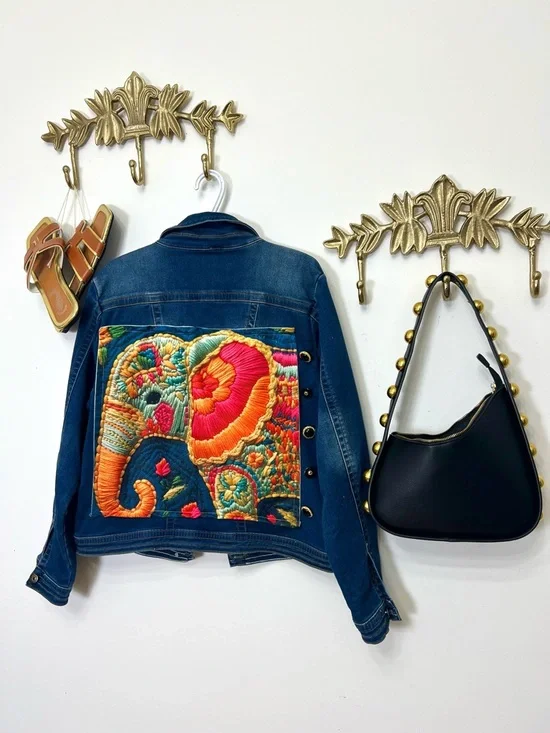 “Empress Elephant Upcycled Denim Jacket” Xl - Picture 3 of 7